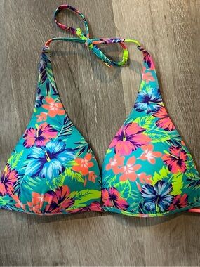 Ingear Turquoise Halter Bikini Top with Neon Floral Print